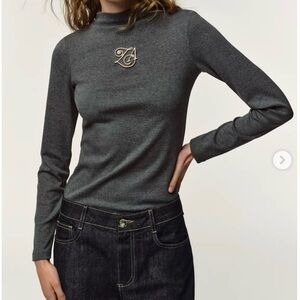 ZARA High Neck Long Sleeve T-Shirt w/ Brooch Dark Gray Size M NWT